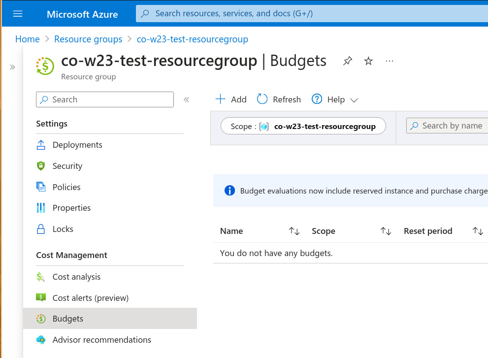 Menu for creating a budget for a resource group.